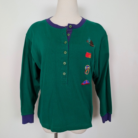 80s Adrienne Vittadini 3/4 Sleeve Pony Shirt Equestrian Embroidered Crest Button - Picture 4 of 9
